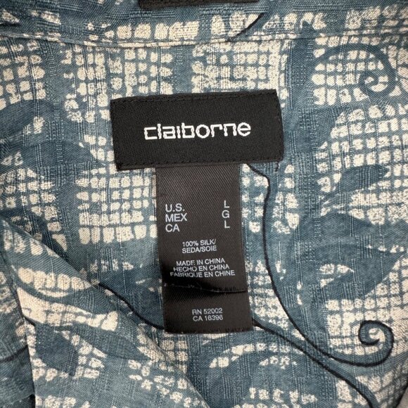 Claiborne Mens Blue & White 100% Silk Button-Up Short Sleeve Shirt L - Picture 6 of 10